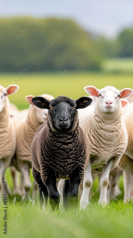 A single black sheep stands out from a group of white sheep in a grassy field, looking at the camera A single black sheep stands out from a group of white sheep in a grassy field, looking at the camera
