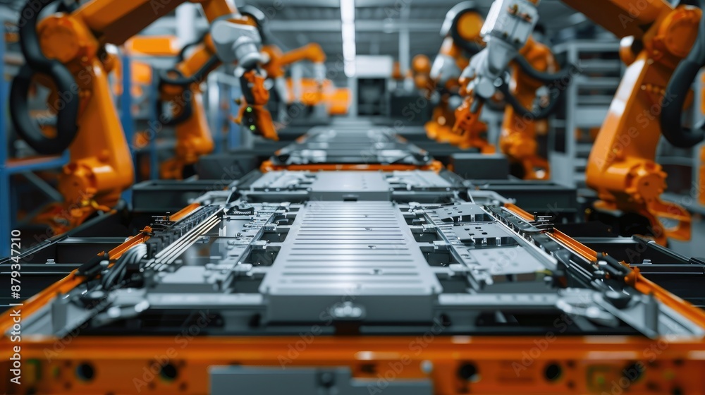 Orange Industrial Robot Arms Assemble EV Battery Pack on Automated Production Line Orange Industrial Robot Arms Assemble EV Battery Pack on Automated Production Line