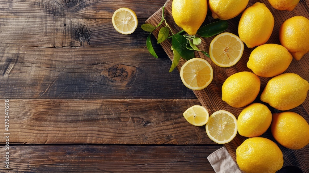 Fresh and ripe lemons on cutting board with copy space Healthy food background Fresh and ripe lemons on cutting board with copy space Healthy food background