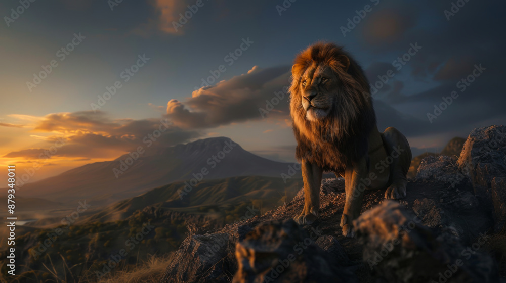 Obraz premium A noble adult Leucidite on the cliff of a high mountain at sunset. The king of beasts enjoys the wind and feels the freedom at the top. Concept of wild nature, freedom.