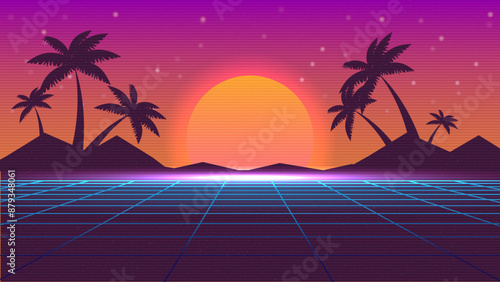 Retro background futuristic landscape 1980s style.Synthwave wireframe landscape. Digital retro landscape cyber surface. 80s party background.	
