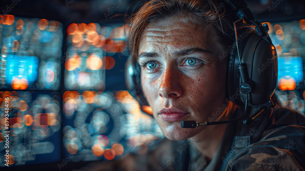 Focused Female Soldier in Command Center Focused Female Soldier in Command Center