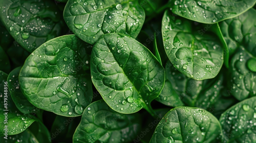 Close-up of fresh, dewy spinach leaves in a bunch Close-up of fresh, dewy spinach leaves in a bunch