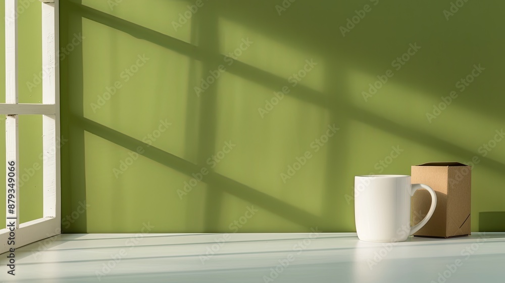 A plain white ceramic mug with a handle sits in front of a cardboard box with a window cut out to reveal the mug inside. The background is a solid, muted green color A plain white ceramic mug with a handle sits in front of a cardboard box with a window cut out to reveal the mug inside. The background is a solid, muted green color