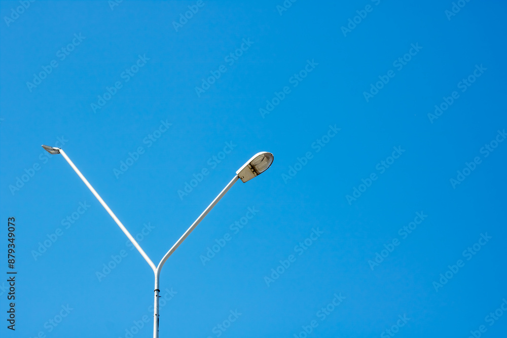 A street light with a blue sky in the background, surrounded by grass and plants A street light with a blue sky in the background, surrounded by grass and plants