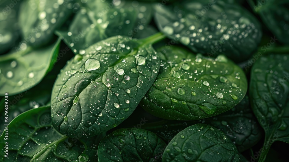 Close-up of fresh, dewy spinach leaves in a bunch Close-up of fresh, dewy spinach leaves in a bunch