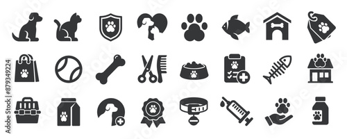 Pets glyph solid icons collection. Containing dog, cat, fish, shop, food. For website marketing design, logo, app, template, ui, etc. Vector illustration.