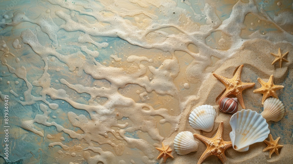 Seashells and small starfish in the form of a coastline on a summer background with sand and sea Seashells and small starfish in the form of a coastline on a summer background with sand and sea