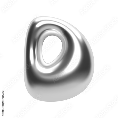 3D chrome bubble letter D in futuristic Y2K style. Inflated aluminum liquid metal form with shiny silver glossy surface. Isolated alphabet letter from trendy vector render font for modern typography