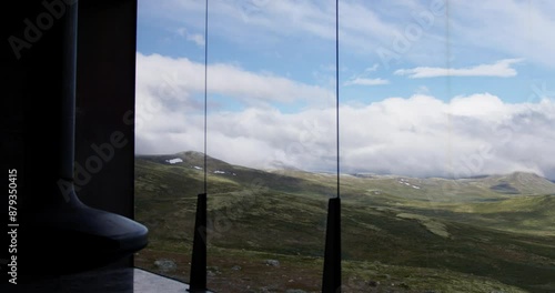 Summer in Norway. Dovrefjell-Sunndalsfjella National Park. Viewpoint SNØHETTA. Architectural viewing pavilion overlooking Tverrfjellet mountain at Hjerkinn. 