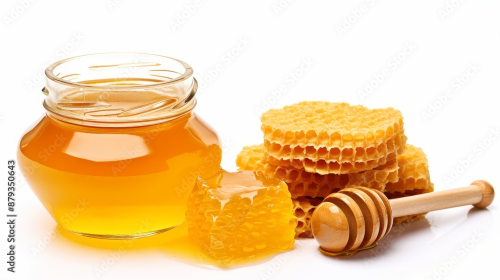 Jar full of fresh honey and honeycombs isolated on white background, ideal for natural sweetener concepts and healthy food photography.
Jar full of fresh honey and honeycombs isolated on white background, ideal for natural sweetener concepts and healthy food photography.