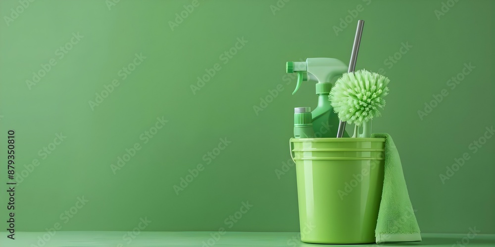 Cleaning Supplies and Plastic Bucket on a Green Background. Concept Green background, Cleaning supplies, Plastic bucket Cleaning Supplies and Plastic Bucket on a Green Background. Concept Green background, Cleaning supplies, Plastic bucket