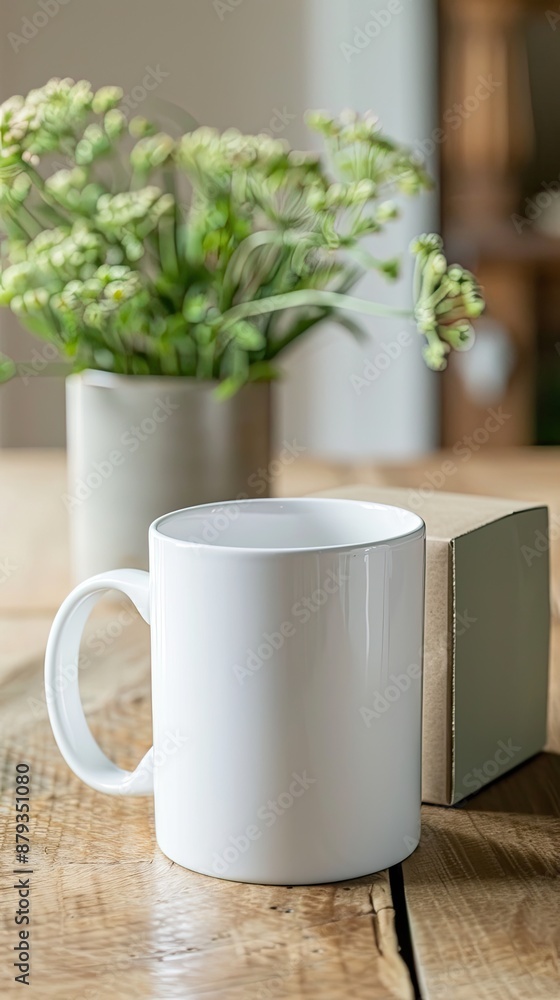 A plain white ceramic mug with a handle sits in front of a cardboard box with a window cut out to reveal the mug inside. The background is a solid, muted green color A plain white ceramic mug with a handle sits in front of a cardboard box with a window cut out to reveal the mug inside. The background is a solid, muted green color