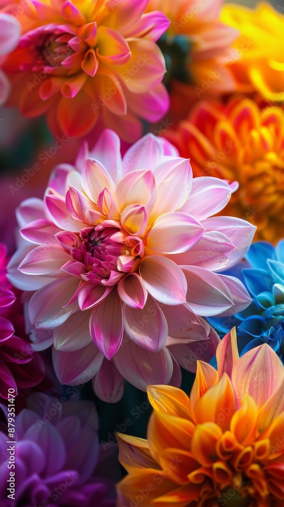 Close-up view of a bouquet of dahlias, featuring a variety of vibrant colors and intricate petal arrangements. The image captures the beauty and diversity of these stunning flowers Close-up view of a bouquet of dahlias, featuring a variety of vibrant colors and intricate petal arrangements. The image captures the beauty and diversity of these stunning flowers