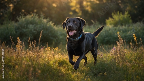 Joyful black labrador retriever dashes through sunlit field, its tongue lolling out in exertion. Tall grass, wildflowers sway around it as sunlight filters through trees, casting warm glow.