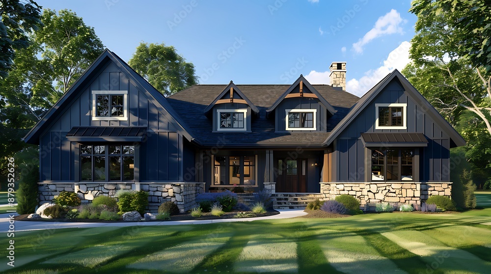 Newly constructed Craftsman style home in deep blue with stone details, located in a peaceful cul-de-sac Newly constructed Craftsman style home in deep blue with stone details, located in a peaceful cul-de-sac