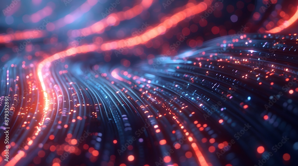 Obraz premium 3d render of glowing data cables, futuristic network background with light effect and bokeh