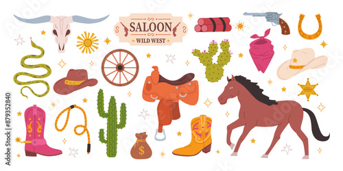 Cowboy vector set. Wild West concept. Flat hand drawn illustration with hat, horse, sheriff badge, and boots