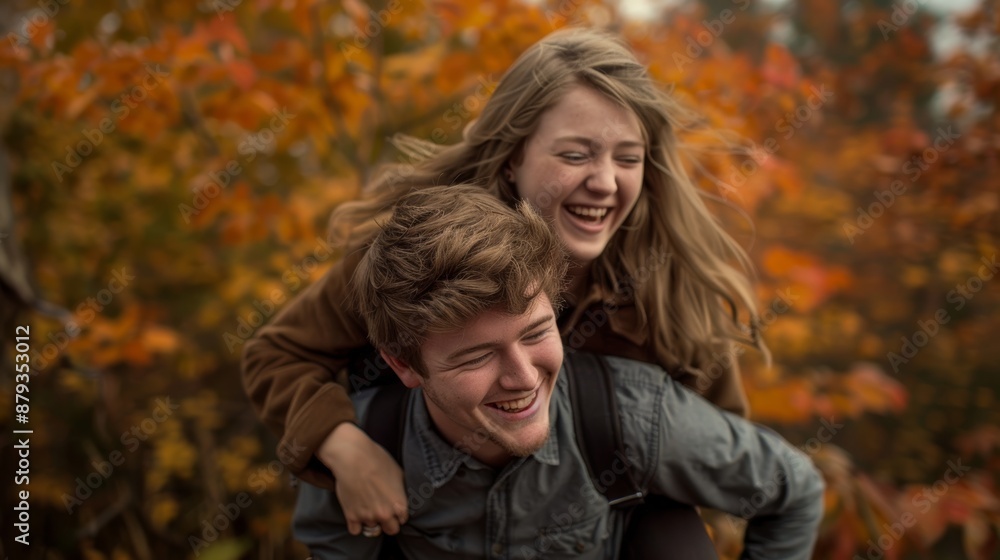 Fototapeta premium Young couple happy lifestyle together on autumn foliage season at outdoor.