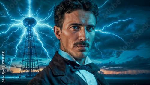 Nikola Tesla with his Tesla Tower radiating energy, with lightning streaking across stormy sky, visionary theme and reimagination of Wardenclyffe Tower for wireless energy transfer.