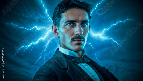 Portrait of Nikola Tesla with dramatic background of blue lightning bolts, highlighting his innovative spirit and contributions to electricity and technology.