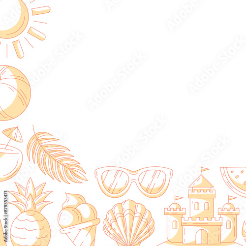 Summer minimalist square card, monochrome orange beach accessories icons. Corner border frame, space for text, isolated on white. For poster, flyer, banner, invitation, social media, party or sale