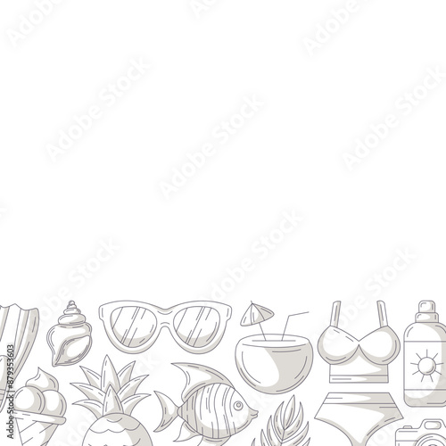 Summer minimalist square card, monochrome gray beach accessories icons. Bottom border frame, space for text, isolated on white. For poster, flyer, banner, invitation, social media, party or sale