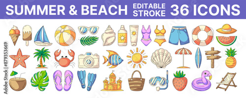 Summer and beach, vector colorful and painted line icon set. Editable stroke. Outline icons collection of seasonal rest and vacation accessories. Concept of travel, holiday, tourism, relax