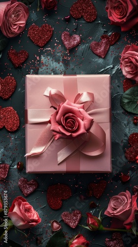 Pink present is laying on a dark background surrounded by red roses and heart shaped confetti, celebrating love and affection
