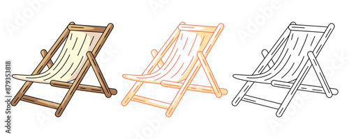 Summer beach lounger for sunbathing, colorful and line icons set. Summertime, holiday and vacation. Vector outline icon, monochrome and color illustration. For logo, sticker, coloring book, label