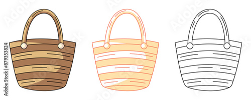 Summer wicker bag for beach accessories, colorful and line icons set. Summertime, holiday and vacation. Vector outline icon, monochrome and color illustration. For logo, sticker, coloring book, label
