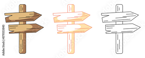 Wooden direction sign with arrow, colorful and line icons set. Summer holiday and vacation, camping. Vector outline icon, monochrome and color illustration. For logo, sticker, coloring book, label