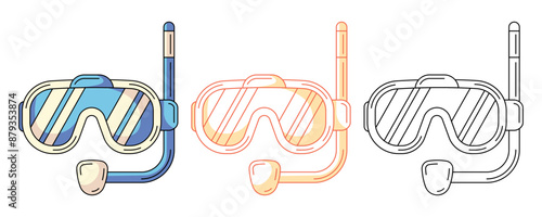 Snorkeling or diving mask, colorful and line icons set. Scuba diving equipment, underwater concept. Vector outline icon, monochrome and color illustration. For logo, sticker, coloring book, label