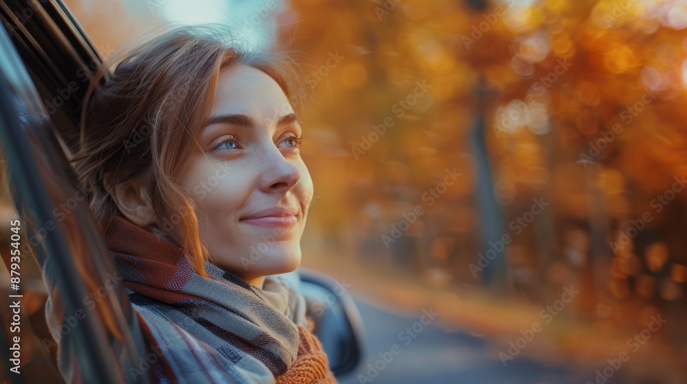 Beautiful woman on car window in the morning. Smiling woman enjoying autumn weather. Rest, relaxation, Lifestyle concept. Beautiful woman on car window in the morning. Smiling woman enjoying autumn weather. Rest, relaxation, Lifestyle concept.