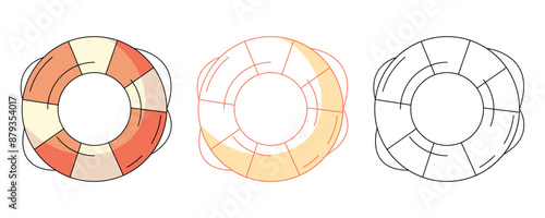 Lifebuoy, colorful and line icons set. Safety on the beach and at sea, marine inflatable sos equipment, vector outline icon, monochrome and color illustration. For logo, sticker, coloring book, label