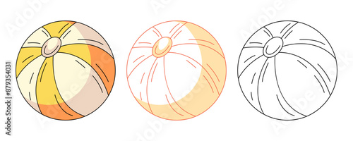 Summer beach inflatable ball, colorful and line icons set. Active holiday and leisure on the beach, vector flat outline icon, monochrome and color illustration. For logo, sticker, coloring book, label