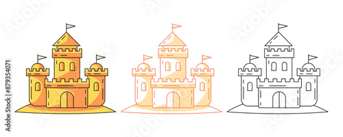 Sand castle or tower, colorful and line icons set. Kids beach, holiday sea sculpture concept, vector flat outline icon, monochrome and color illustration. For logo, sticker, coloring book, label
