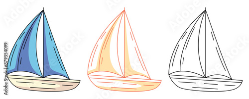 Boat with sails, colorful and line icons set. Sea, marine, nautical, vacation and travel concept, vector flat outline icon, monochrome and color illustration. For logo, sticker, coloring book, label