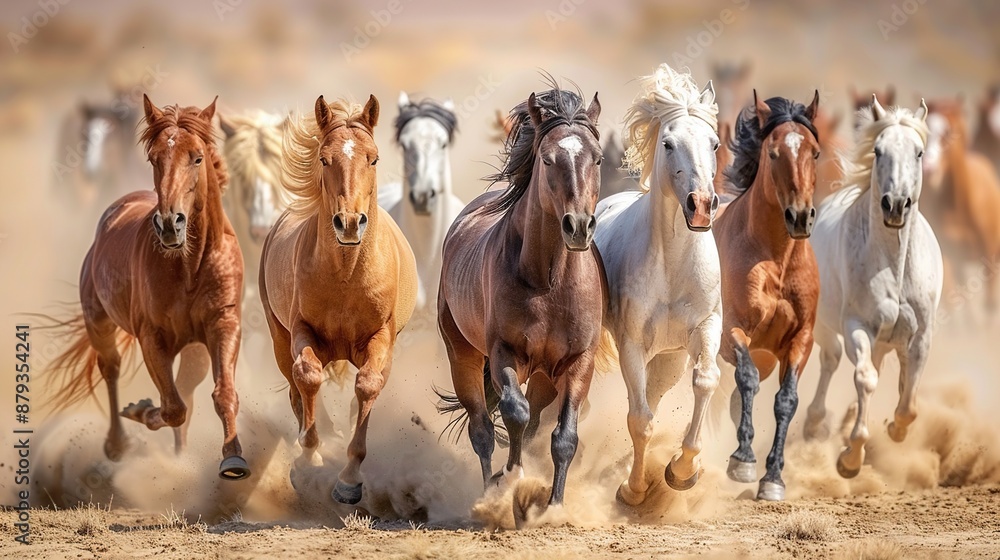 Obraz premium Wild Horses Running Through Dusty Landscape