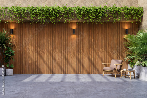 Fototapeta Naklejka Na Ścianę i Meble -  Modern contemporary loft style blank plank wall for copy space 3d render there are concrete floor wooden wall decorated with nature plant sunlight entering the room from above