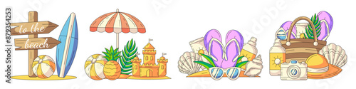 Set of summer beach vector illustrations, composition from seasonal elements and accessories for summertime rest. Surfboard, palm tree, sand castle, bag with sunscreen, flip flops, camera, pineapple