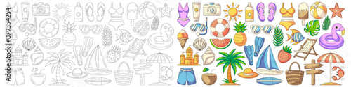 Summer beach colorful and line icons set. Summertime vector outline icon, monochrome and color illustration. Seasonal elements and accessories for sunbathing, travel, tourism, holiday and vacation