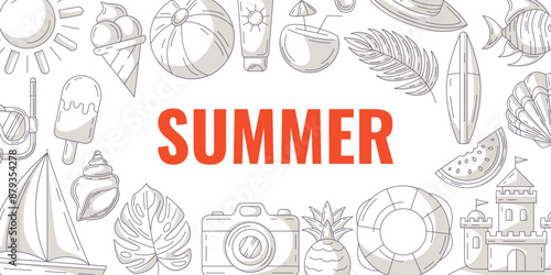 Summer minimalist horizontal banner, monochrome gray beach accessories icons. Border frame, text in the middle, isolated on white. For poster, flyer, card, invitation, social media, postcard, party