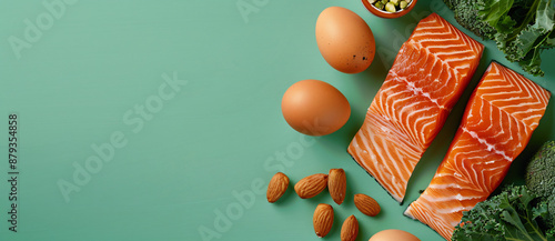 whole food healthy eating concept, fish salmon avocado egg yolk nuts and greens on green background with copy space banner photo