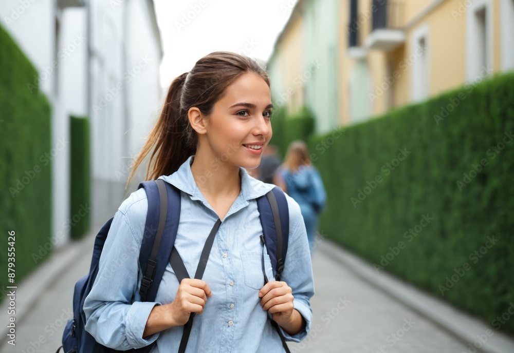 Beautiful Woman walking with backpack in street, going to collage, school Beautiful Woman walking with backpack in street, going to collage, school