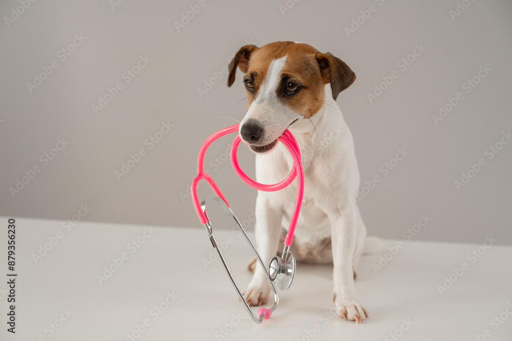 Jack Russell Terrier dog holds a stethoscope in his teeth on a white background. Jack Russell Terrier dog holds a stethoscope in his teeth on a white background.
