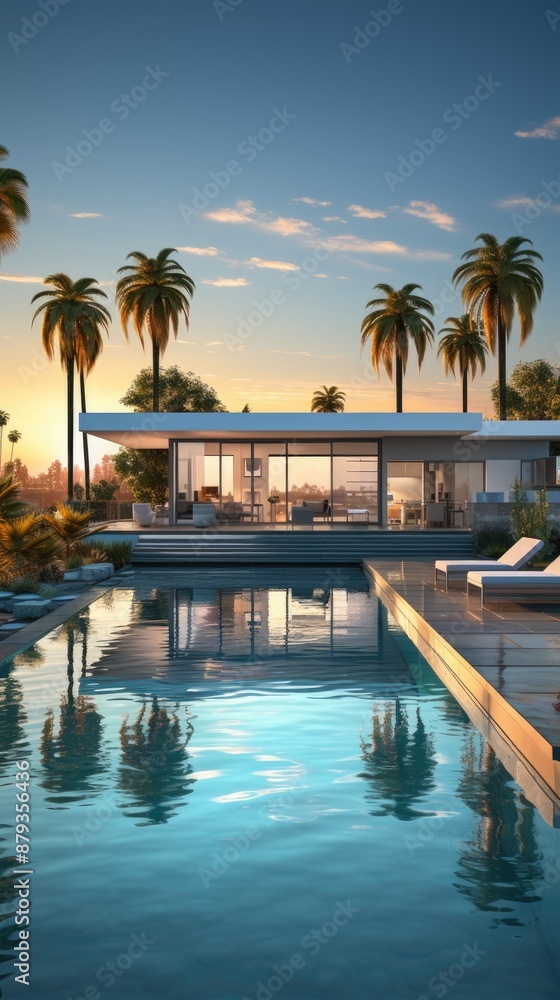 Fototapeta premium a house with palm trees and a pool in front of a sunset.