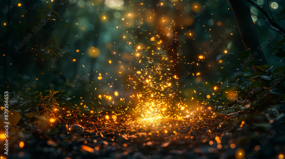 Naklejka premium Many small sparks in the dark forest. Nature, fantasy concept.