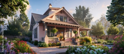 Newly constructed contemporary Craftsman home in light pink, featuring a cozy front porch and surrounded by a beautiful garden