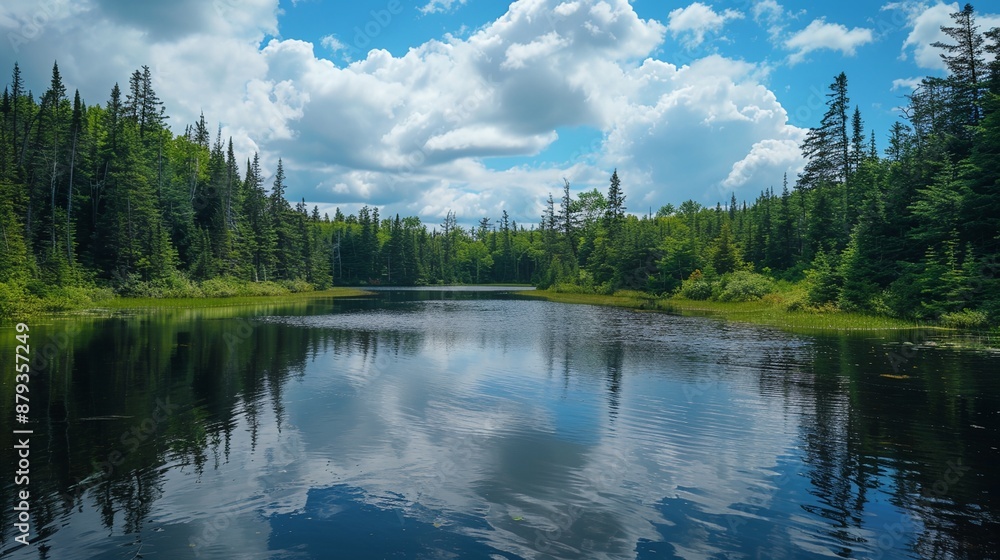 Fototapeta premium a lake surrounded by trees and a forest with clouds in the sky above it